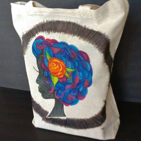 Painted Tote Bag with Retro Silhouett Woman With Blue Hair Artisan Handmade NWT - Picture 5 of 16